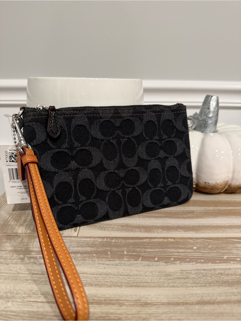 Coach Black denim Signature Canvas Wristlet with vachetta Leather Strap